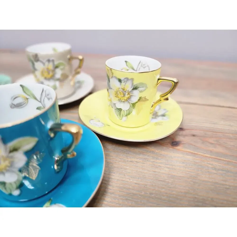 Victorian Porcelain Tea Espresso Cups Saucers Floral Gold Accent Arnalt Creation